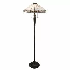 Clayre & Eef LumiLamp Tiffany Vloerlamp Ø 51x160 Cm Wit Bruin Glas Driehoek Staande Lamp Wit Staande Lamp