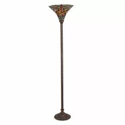 Clayre & Eef LumiLamp Tiffany Vloerlamp Ø 38x186 Cm Bruin Rood Glas Kunststof Rechthoek Staande Lamp Bruin Staande Lamp