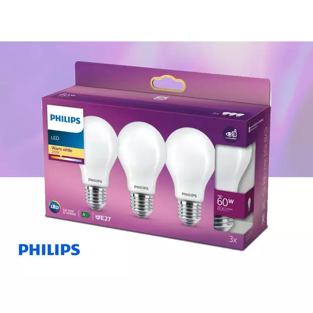 Philips LED Lamp - E27 Mat - 60W - Warm Wit Licht - 3 Stuks 2 Philips LED Lamp - E27 Mat - 60W - Warm Wit Licht - 3 Stuks - Afbeelding 2