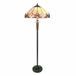 Clayre & Eef LumiLamp Tiffany Vloerlamp Ø 50x157 Cm Beige Bruin Glas Kunststof Rond Staande Lamp Beige Staande Lamp