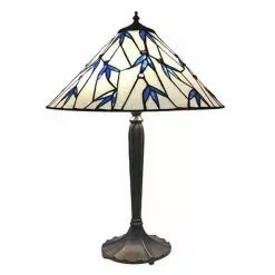 HAES DECO - Tiffany Tafellamp Blauw, Wit Ø 42x63 Cm Fitting E27 / Lamp Max 2x60W