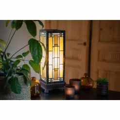 HAES DECO - Tiffany Tafellamp Bruin, Beige 18x18x45 Cm Fitting E27 / Lamp Max 1x60W -LAMPEN Winkel 3933190 11f82758