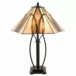 HAES DECO - Tiffany Tafellamp Bruin, Beige 51x44x66 Cm Fitting E27 / Lamp Max 2x60W