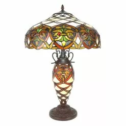 HAES DECO - Tiffany Tafellamp Creme, Bruin Ø 40x61 Cm Fitting E27 / Lamp Max 2x60W