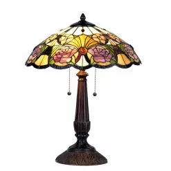 HAES DECO - Tiffany Tafellamp Geel, Groen, Roze Ø 44x57 Cm Fitting E27 / Lamp Max 2x60W
