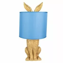 HAES DECO - Tafellamp - City Jungle - Konijn In De Lamp, Ø 20x43 Cm - Goud/Blauw - Bureaulamp, Sfeerlamp, Nachtlampje